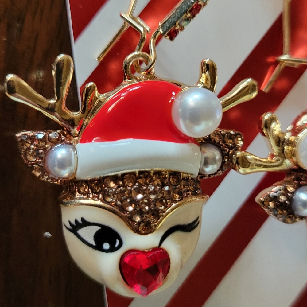 BETSEY JOHNSON Festive Reindeer Earrings with Red and Gold Accents - Picture 5 of 6